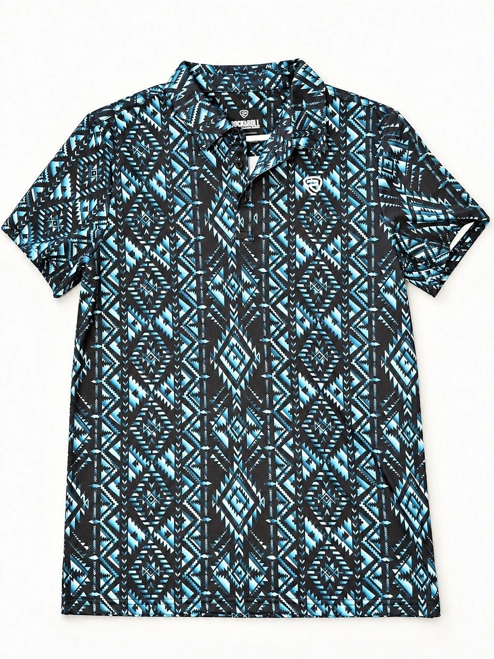 Rock & Roll Denim Aztec Blues Polo Men'Small Black & Blue Short Sleeve Small